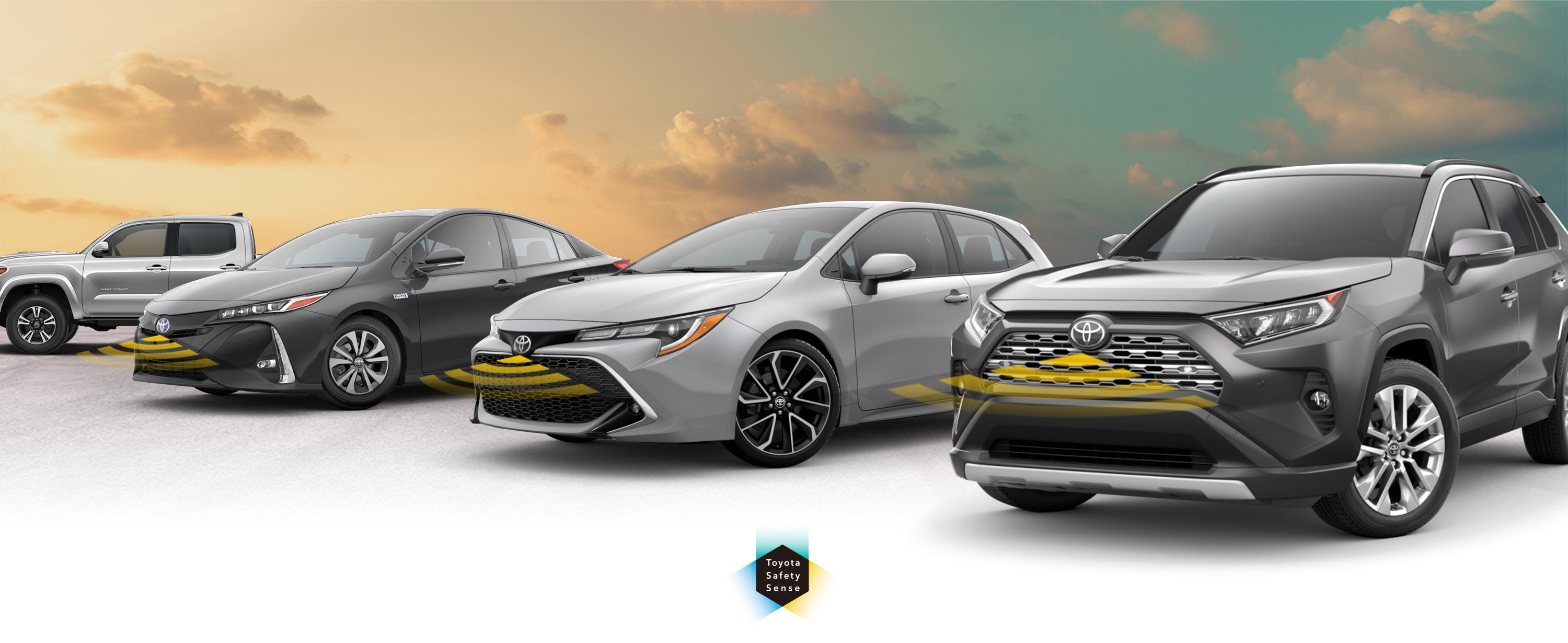 Toyota Safety Sense: Designed for Safety. Options shown on Toyota models including RAV4, Tacoma, and Camry, available now at Bev Smith Toyota in Fort Pierce FL.